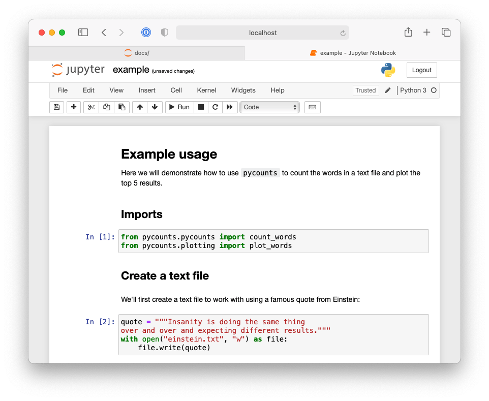 First half of Jupyter Notebook demonstrating an example workflow using the pycounts package.