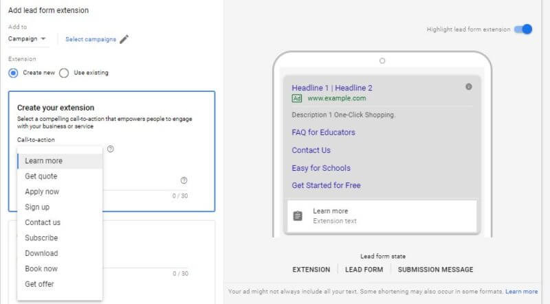 Google Ads Lead Capture Extension Beta Call to Action 2019