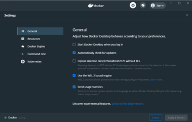 Docker Desktop settings window