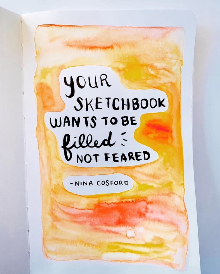 A sketchbook page saying 'your sketchbook wants to be filled not feared, Nina Cosford'. There's a watercolor background in bright warm tones.