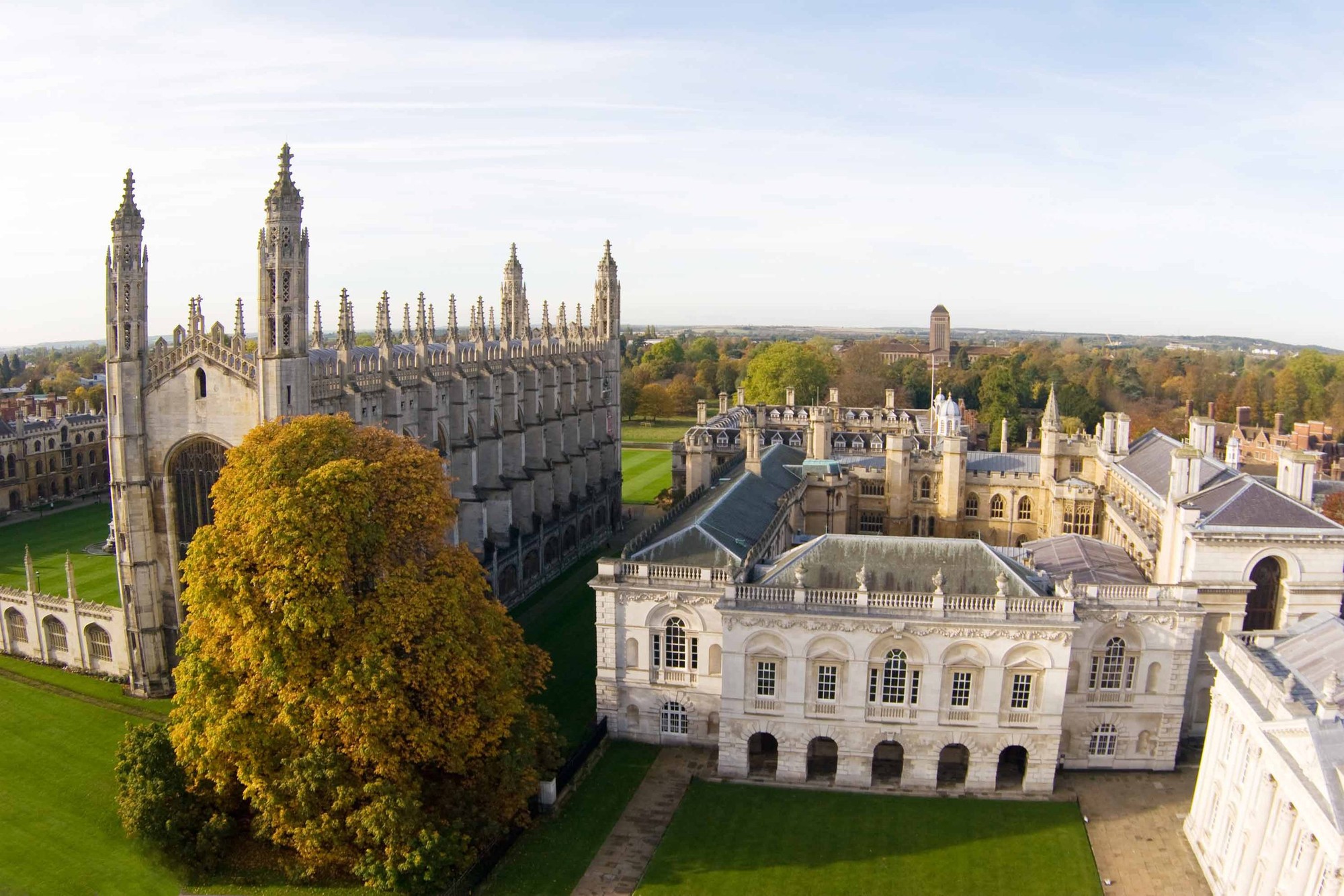 An aerial view of Gibbs Building and King's College Chapel at Cambridge University