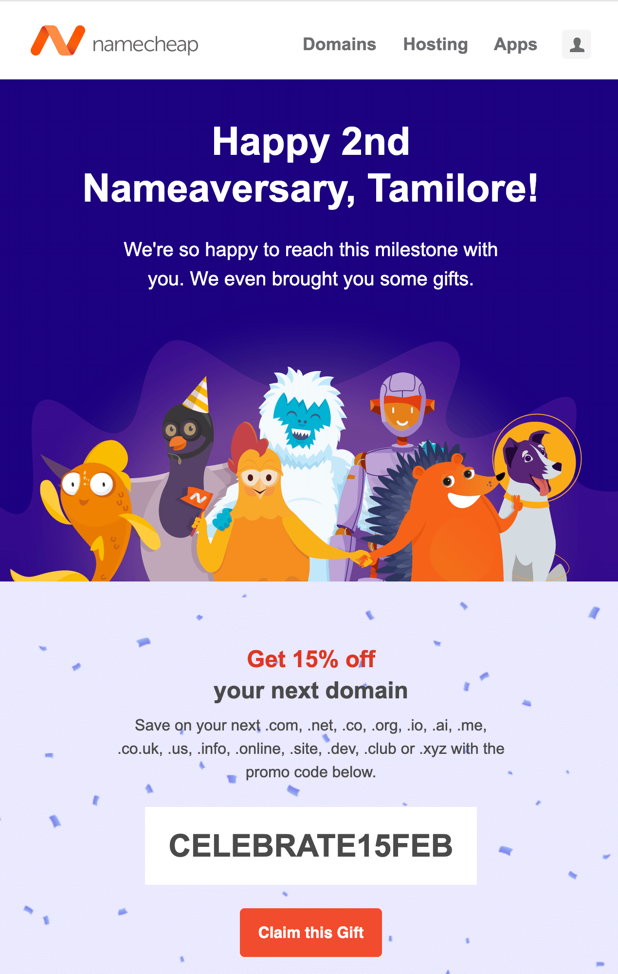Email Engagement Content Ideas: Screenshot of Namecheap's email celebrating a customer's anniversary