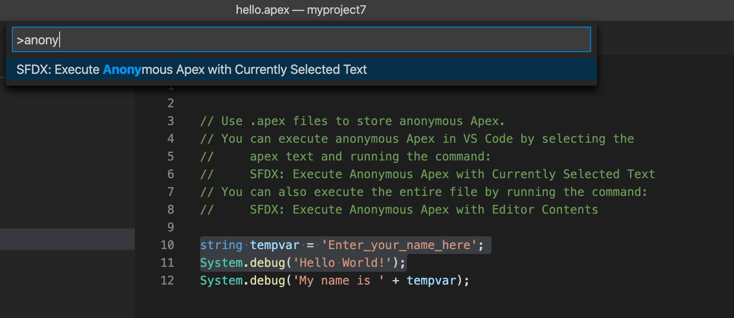 SFDX: 現在選択されているテキストで匿名 Apex コードを実行
