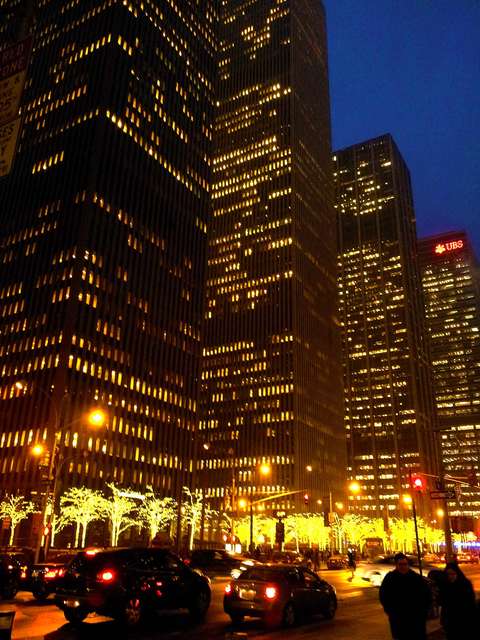 5th Avenue high rise buildings at night.