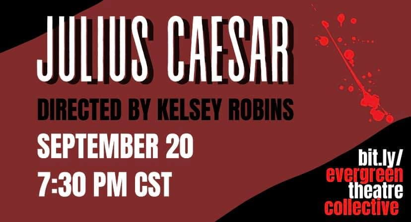 Red and black poster for Julius Caesar listing dates and times.