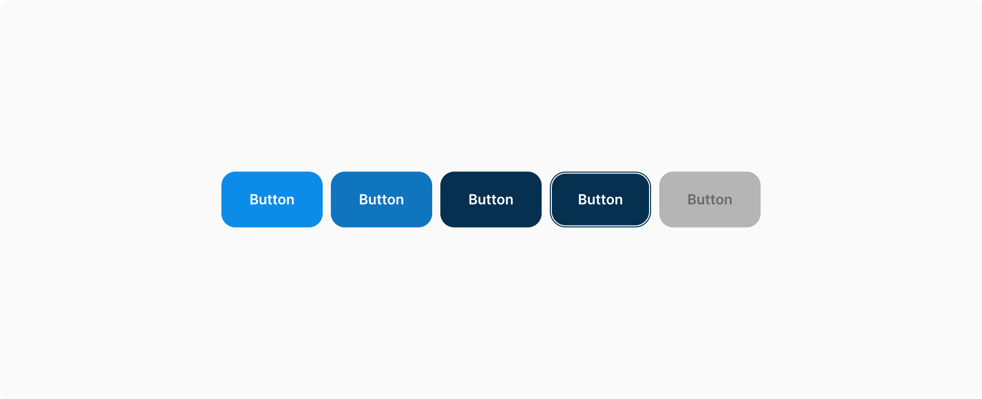 Respectivement les états enable, hover, active, focus et disable du variant primary d’un bouton.
