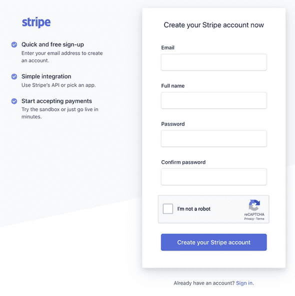 Stripe's barebones signup form is a great way of delaying more tedious forms in favor of getting customers through the door.