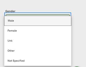 A screenshot of a website with a form field for "Gender" and dropdown options for "Male", "Female", "Unk", "Other", "Not Specified"