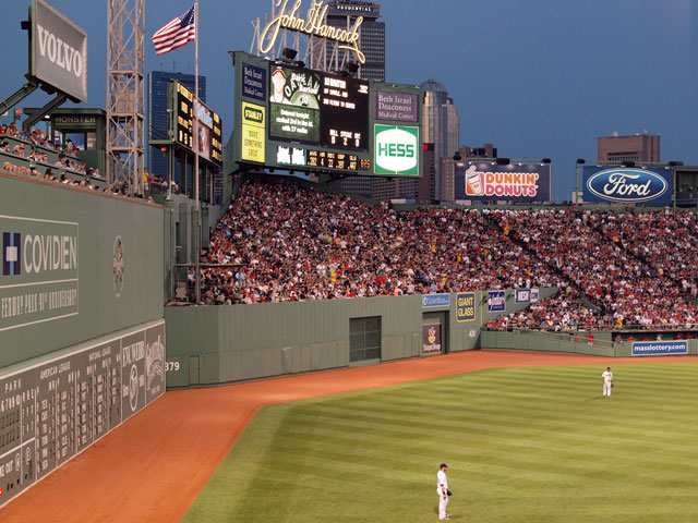 A view of the outfield at Fenway Park, home of the Boston Red Sox