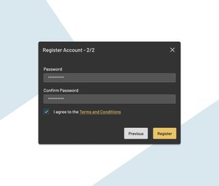 A modal design showing step two of completing an account registration.