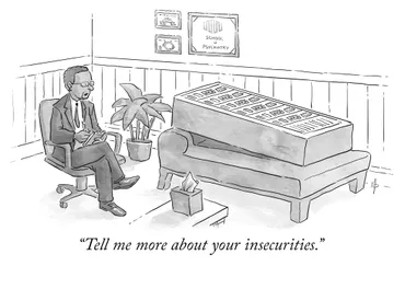 A cartoon-style illustration of a psychiatrist talking to a server rack on his couch in his office. The caption reads: Even servers can be insecure.