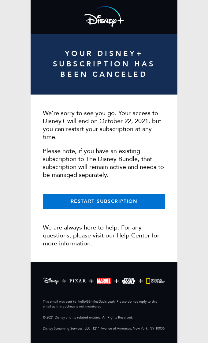 SaaS Cancellation Emails: Screenshot of Disney Plus's cancellation email