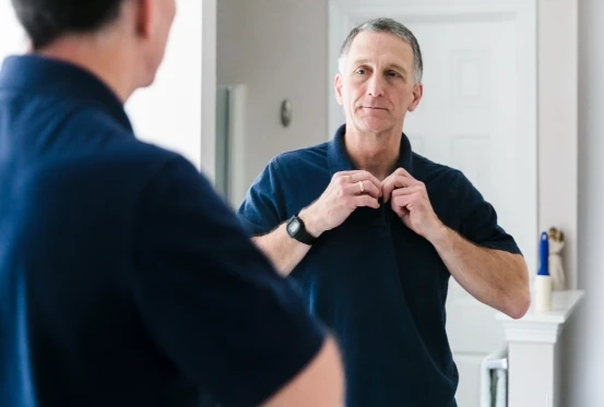 man in blue shirt buttoning collar in mirror