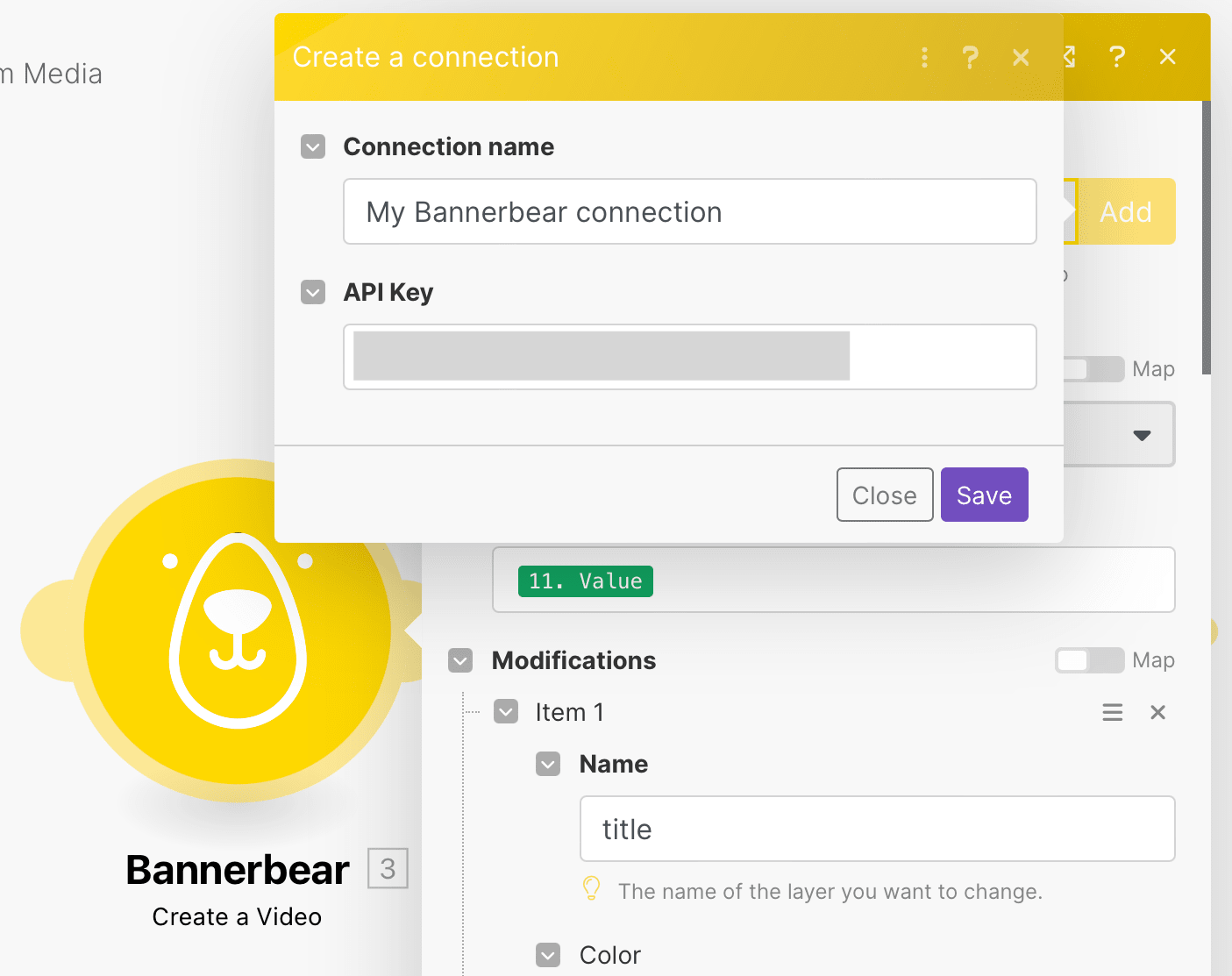 Screenshot of Make Bannerbear create a video module API Key connection