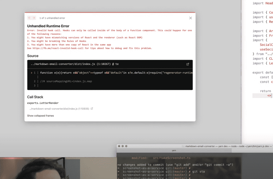 Cryptic error about React hooks