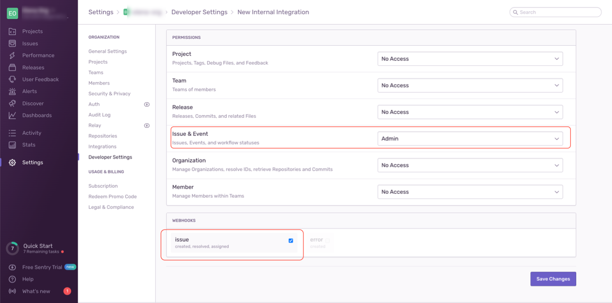 Permissions section in the Sentry Integrations Details page.