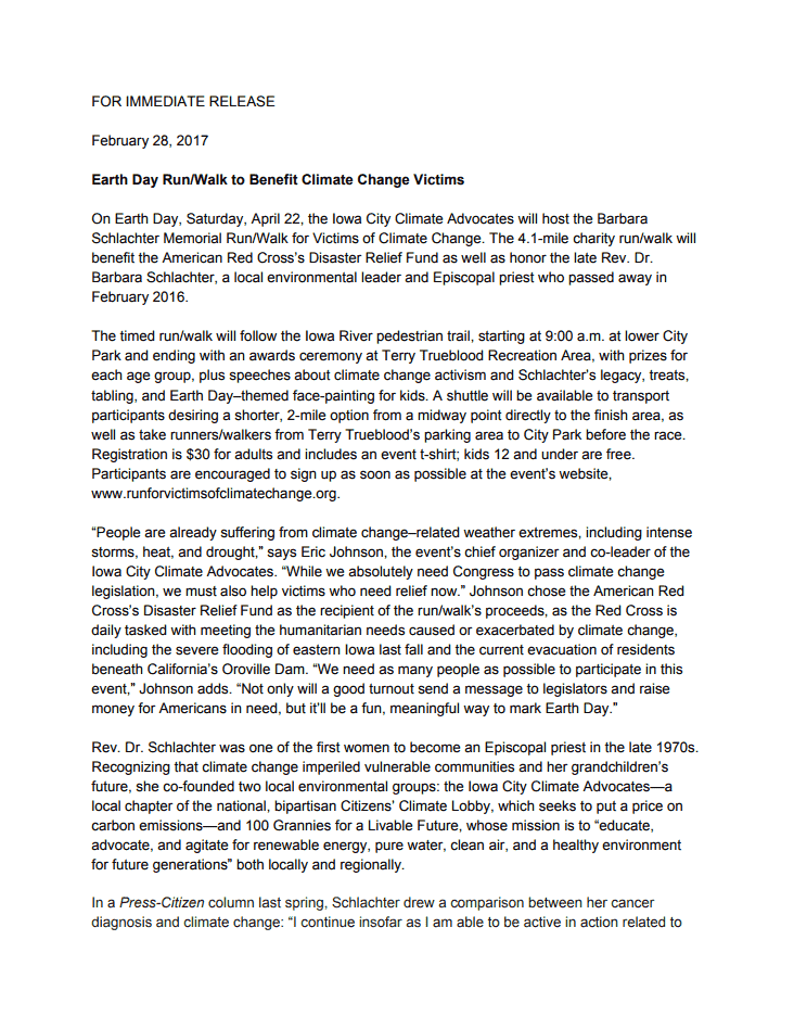 Screenshot of the Run/Walk for Climate Change Press Release