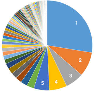 Pie chart showing one segment taking up one quarter, next 4 segments covering about half, and segments getting smaller till they blend into each other by the end. Data is from the top task list for Canada.ca