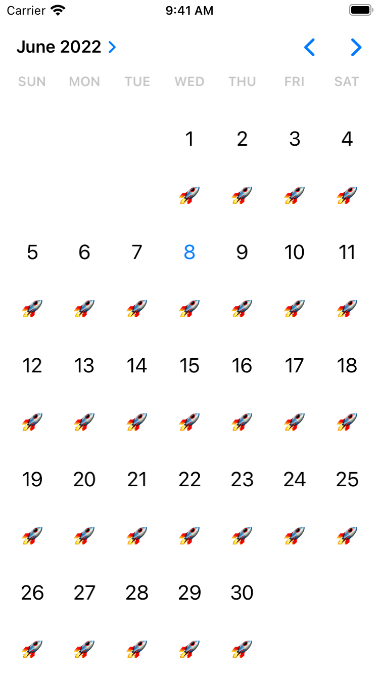 A UICalendarView running on an iPhone simulator with rocket ship emojis showing at each date.