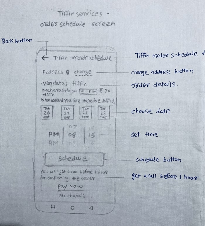 wireframe sketch of tiffin services screen