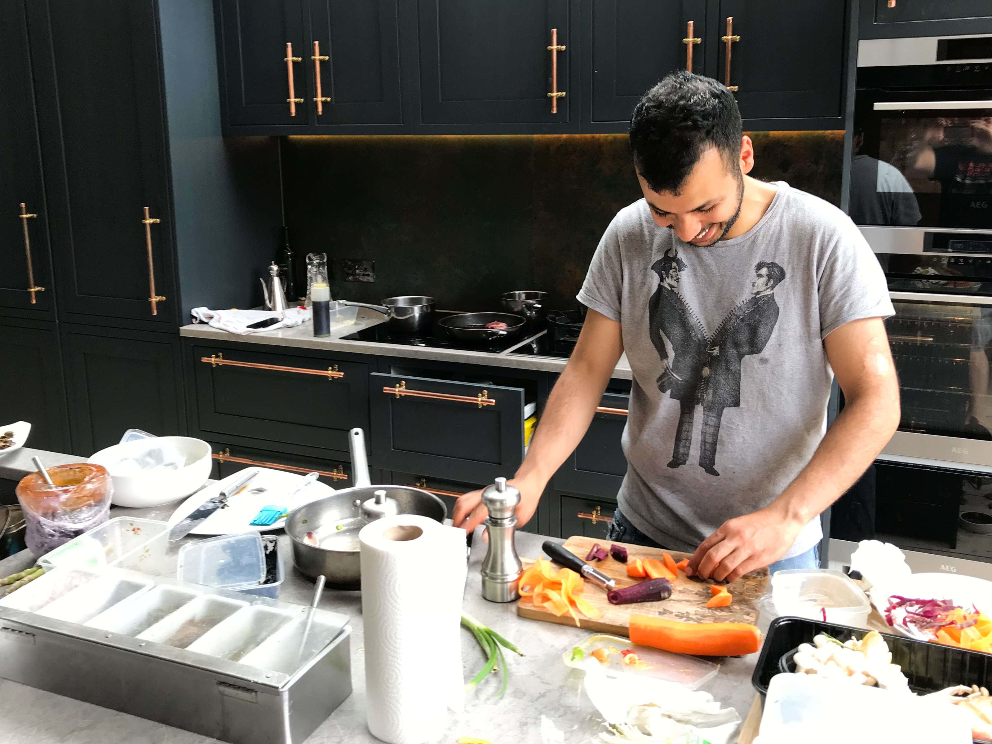Mustapha Mouflih from Anima & Cuore in Kentish Town prepping for a photo shoot in the studio kitchen.