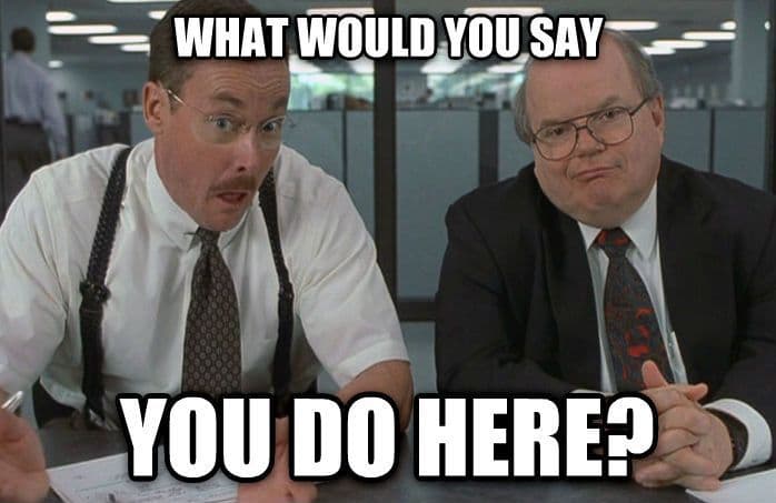 From the movie Office Space, two consultants asking: 'what would you say you do here?'