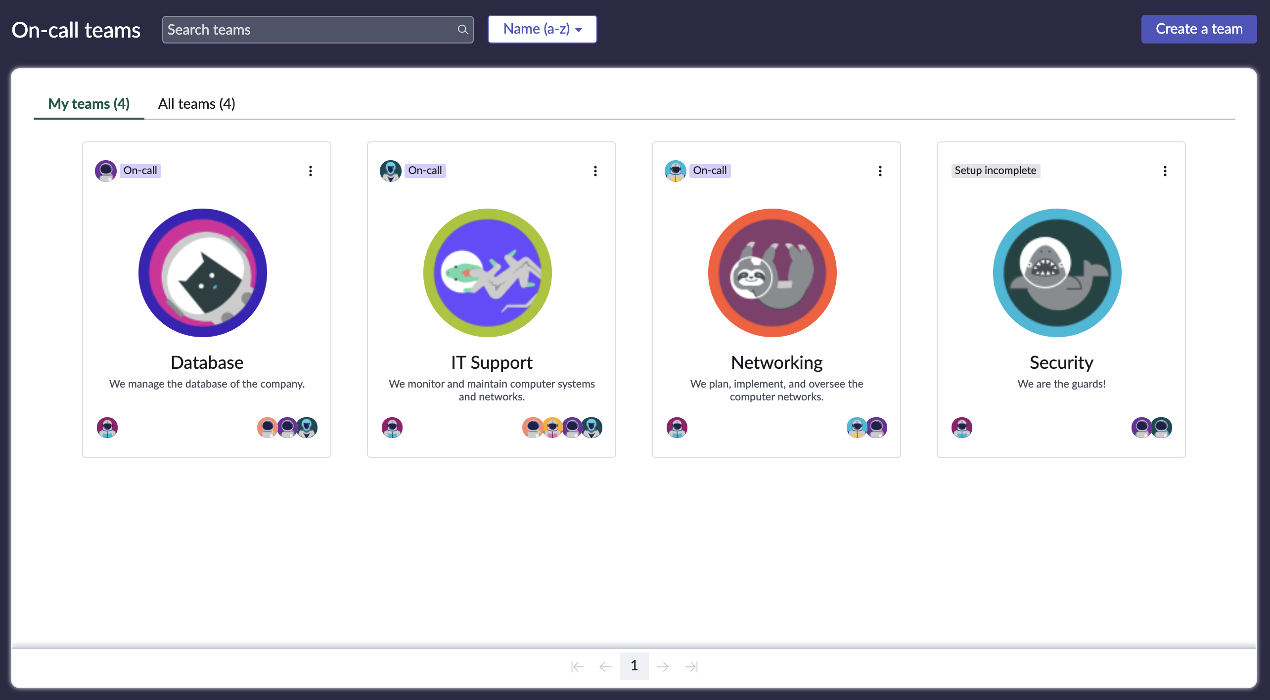 The On-call teams landing page where you can search for a team or set up a new team.