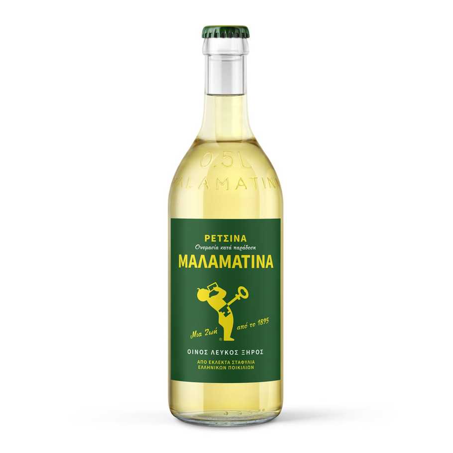 Vino Bianco Retsina 500ml, Greek White Wine Retsina 500ml, Retsina greca Malamatina 500ml, Epicerie-Grecque-Produits-Grecs-Retsina-vin-blanc-500ml