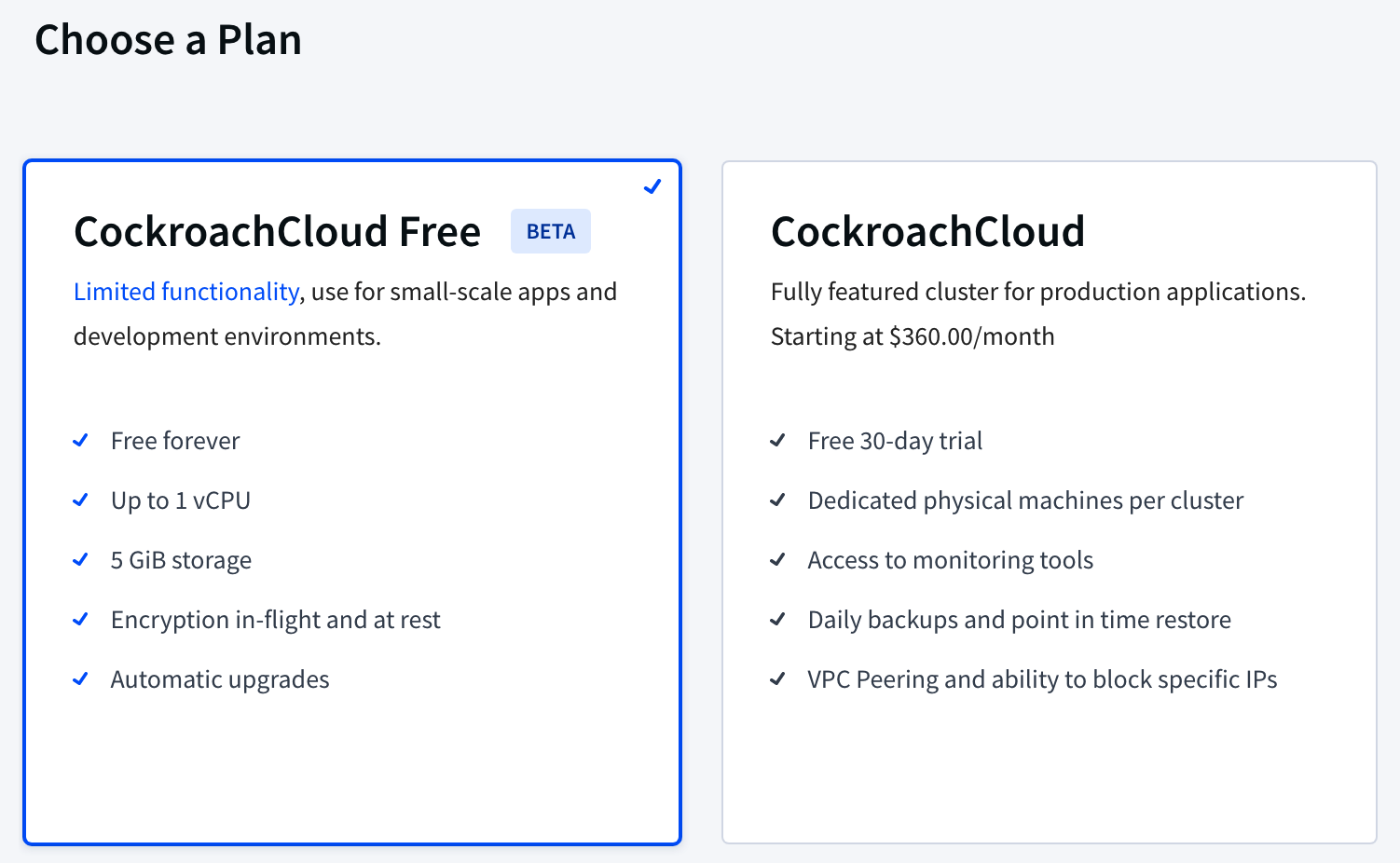 choose a cockroachcloud plan