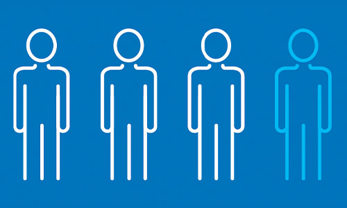 Illustration of four human figures, three white, one light blue on a dark blue background.