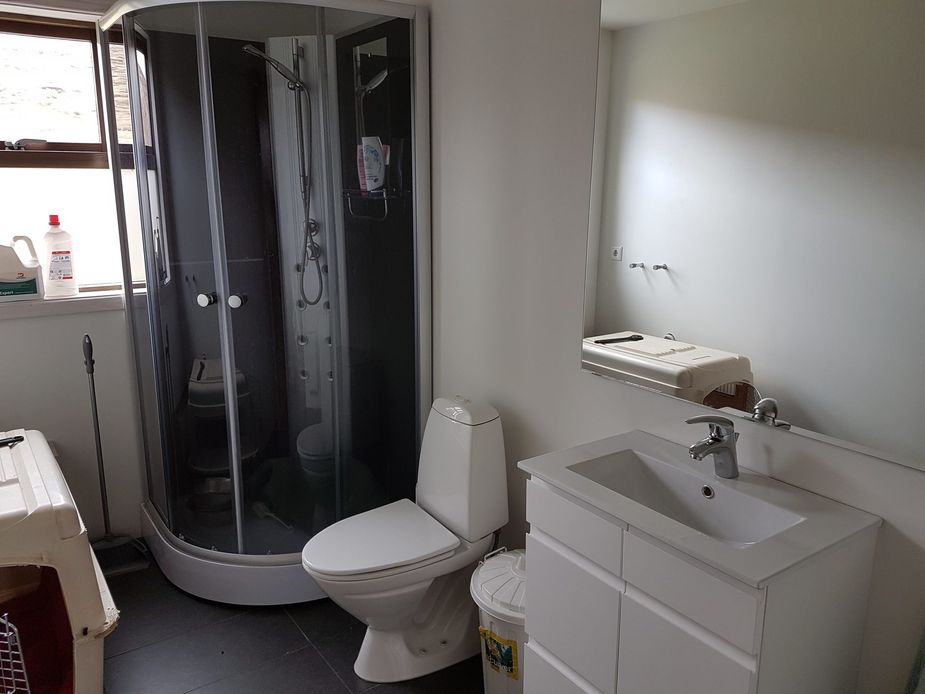 Bathroom with toilet, washbasin and shower cubicle