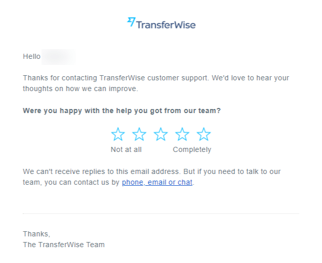 Example of a CSAT Survey from Transferwise