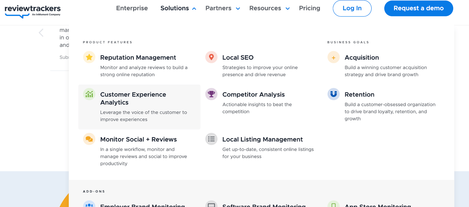 The pulldown menu for ReviewTracker's 'Solutions' tab on it's homepage. Solutions vary from 'Reputation Management' to 'Local Listing Management', all clickable and with brief subheadings.