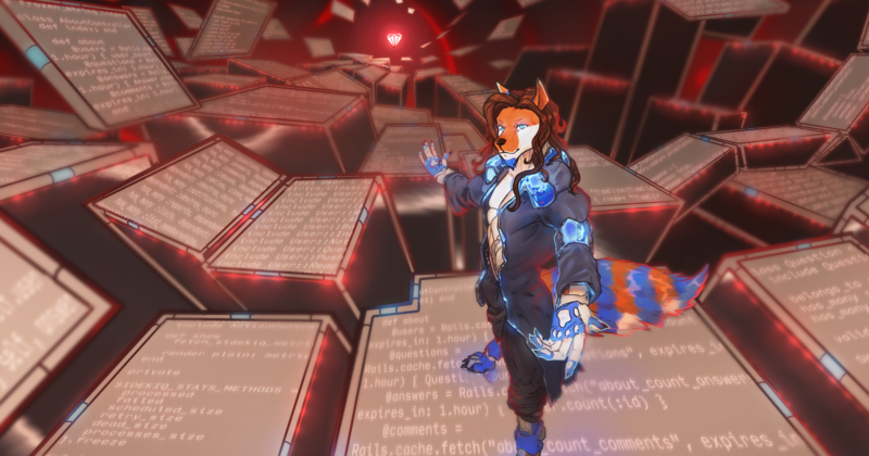 Jyrki, a cyber fox, standing on floating platforms that display snippets of Ruby source code.  These platforms are arranged in a tunnel, where at the end of it a glowing bright red Ruby gem is floating.  Jyrki is pointing towards it, inviting the viewer to take a closer look.