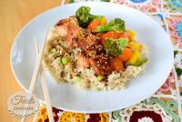 Asian flavored salmon, rice and vegetables