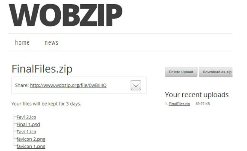 WobZip permits users to decompress zipped any type of files online. 