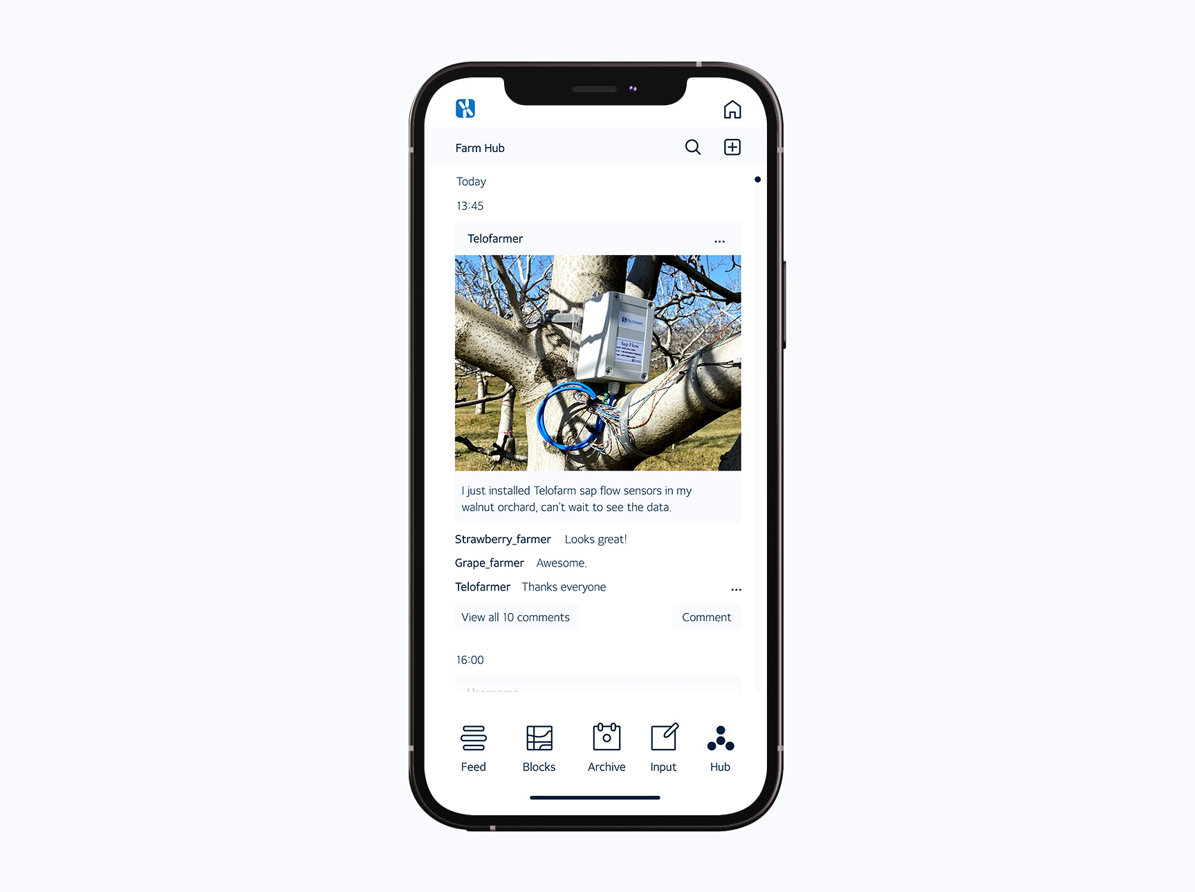 The Telofarmer app displaying the social hub screen