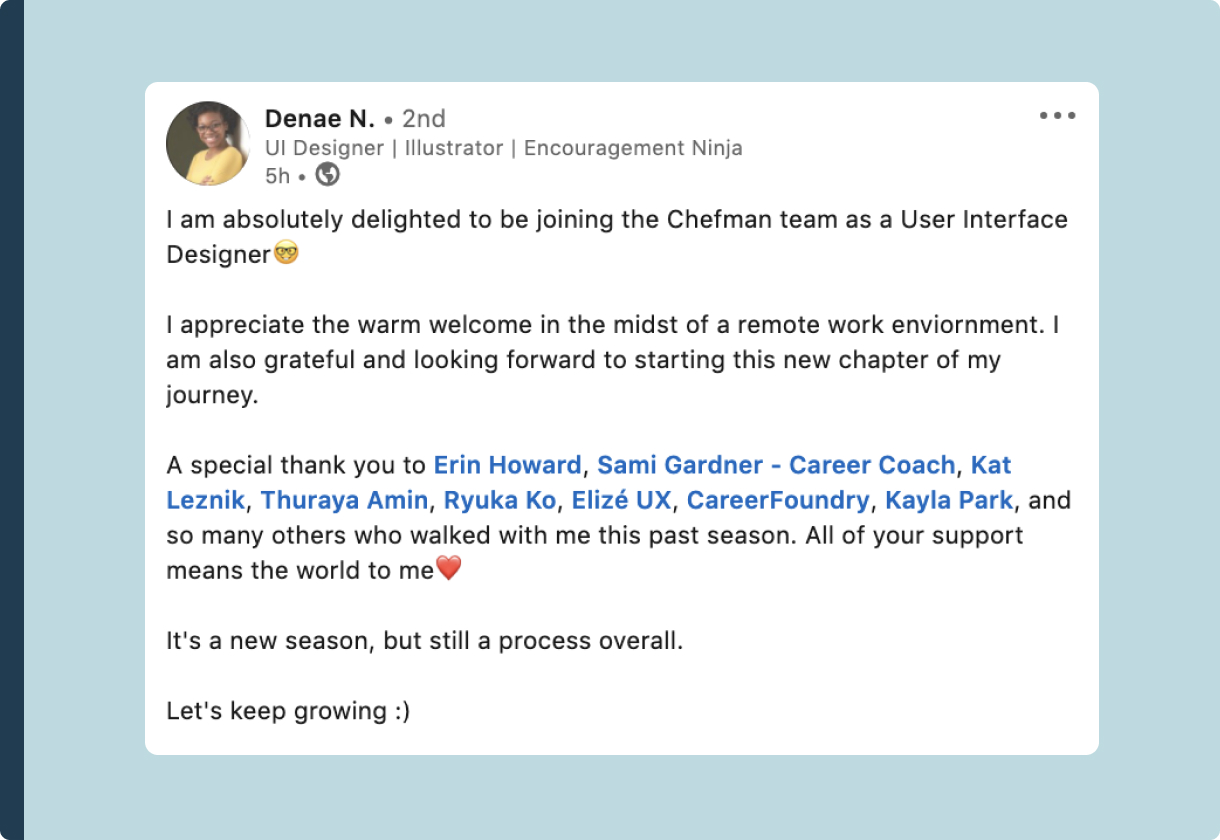 UI designer and CareerFoundry graduate Denae's post on LinkedIn announcing her new job