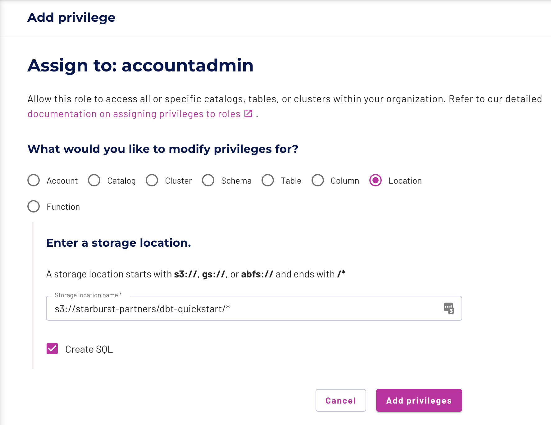 Add privilege to accountadmin role