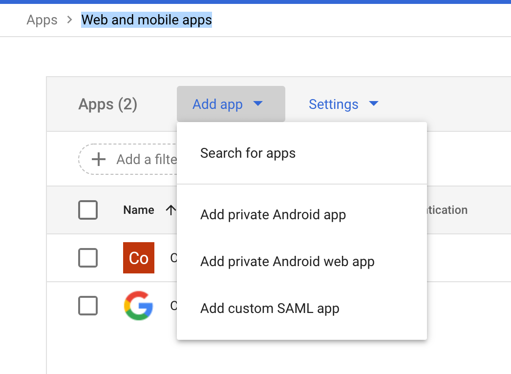 Screenshot of add SAML app