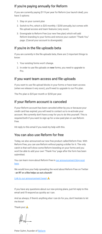 SaaS Pricing Update Emails: Screenshot of pricing update email from Reform