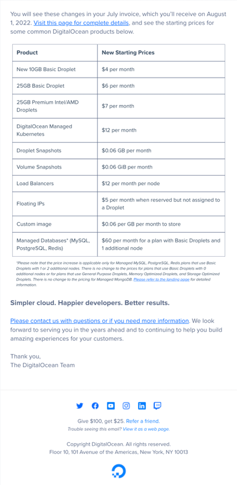 SaaS Pricing Update Emails: Screenshot of pricing update email from Digital Ocean