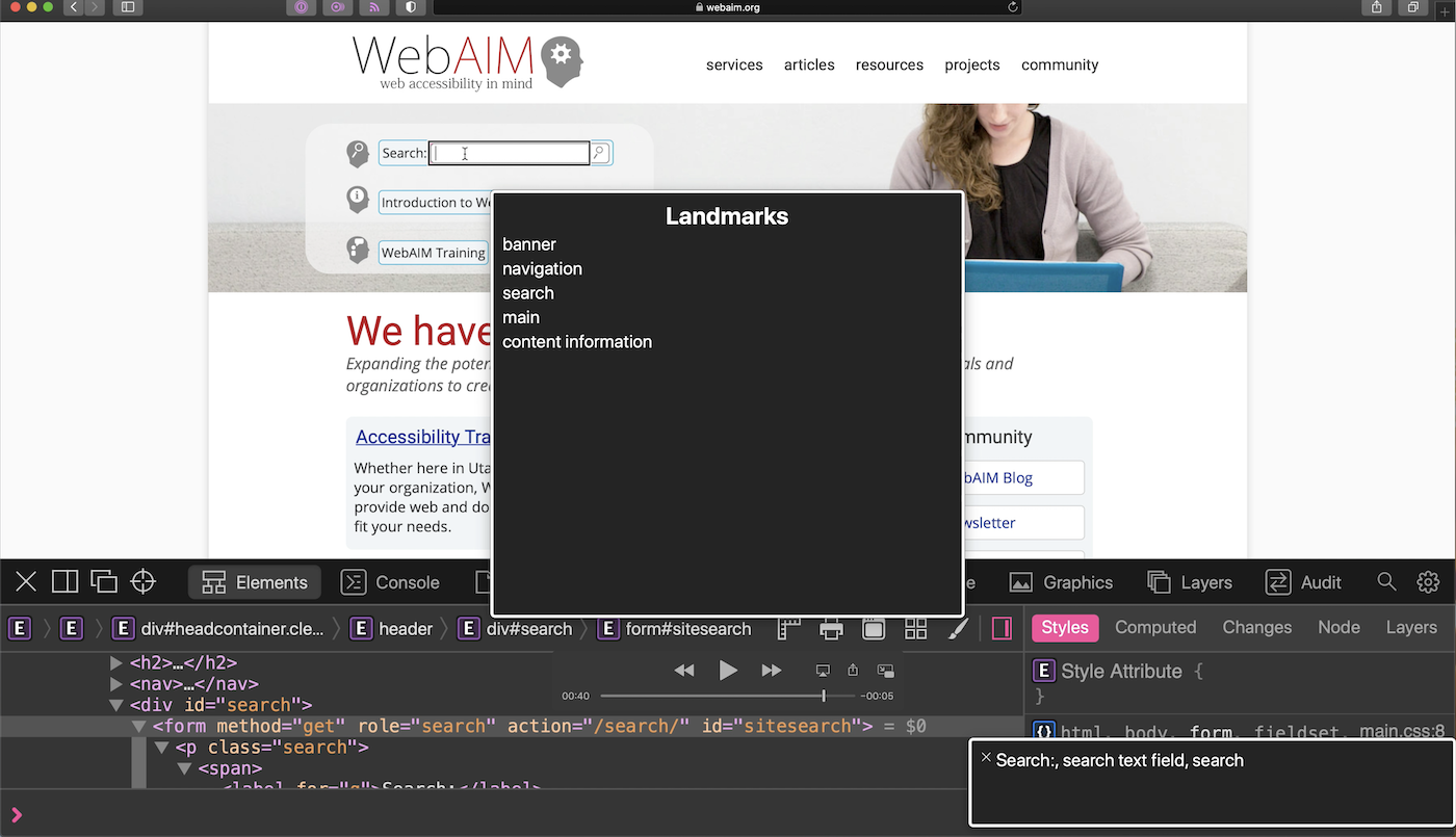 A screenshot of VoiceOver's Rotor open on the homepage of Webaim.org, showing a search landmark in the Landmarks menu. The screenshot also shows the Web inspector of the page open and a code snippet highlighting the use of role='search' on the form element wrapping the search input field.