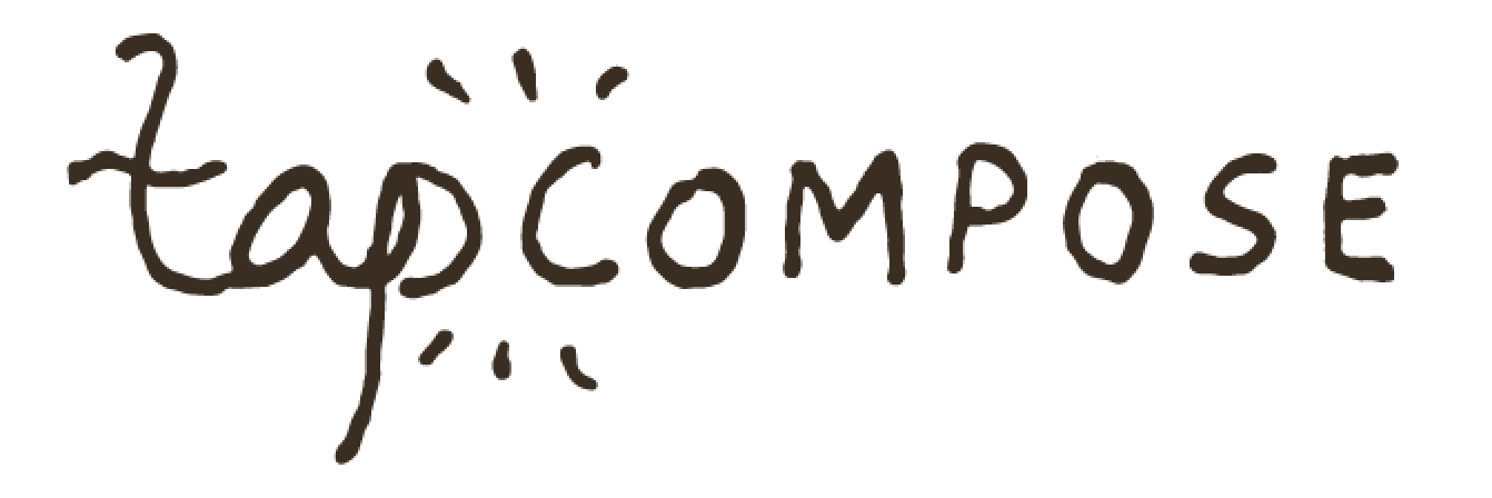 White background with the black cursive text 'Tapcompose' and radiant lines eminating from halfway between the 'p' of 'Tap' and the 'c' of 'compose.'