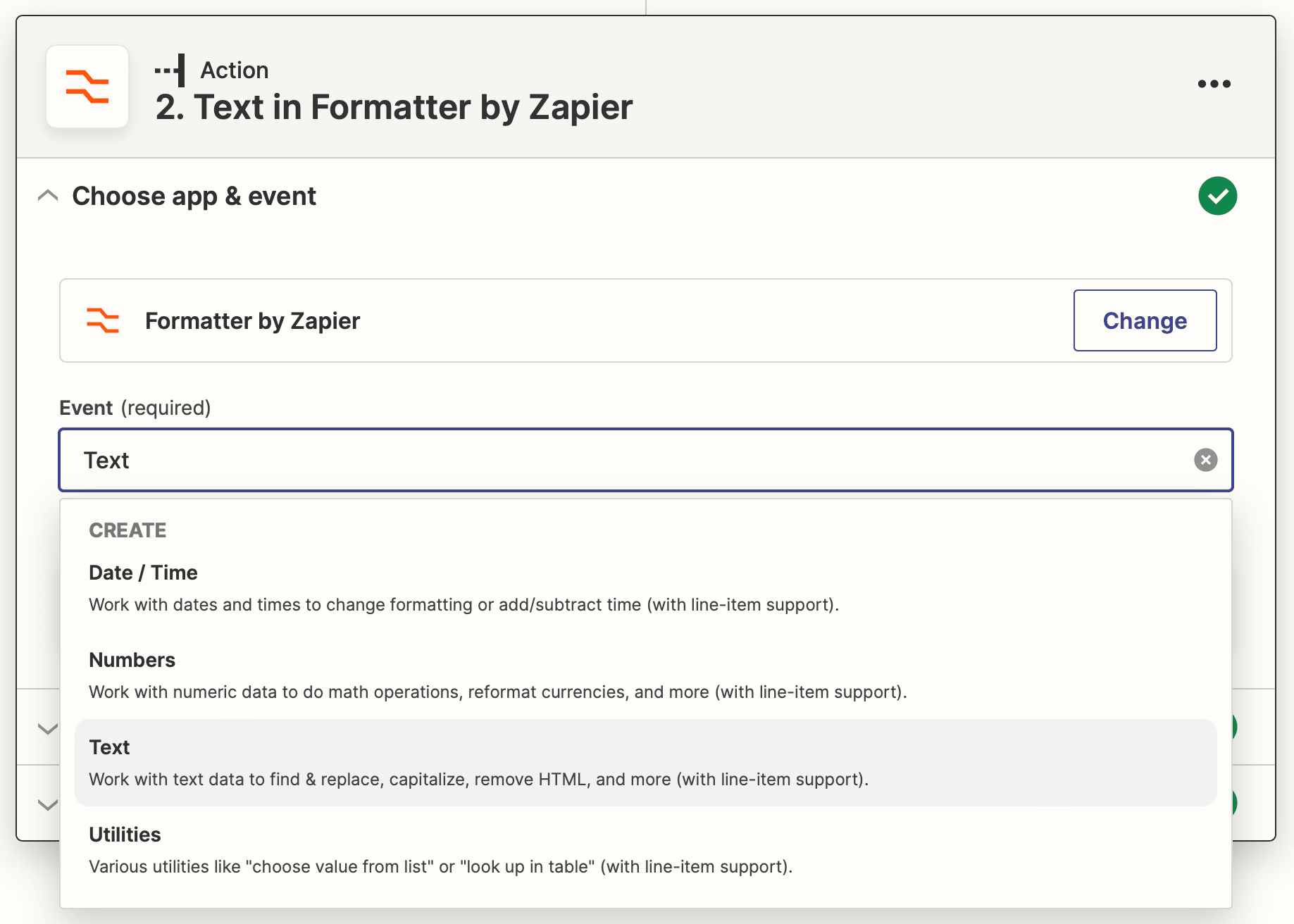 Screenshot of Zapier text in formatter action with event options