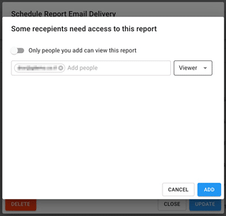 A screenshot showing the Some recipients need access to this report modal dialog