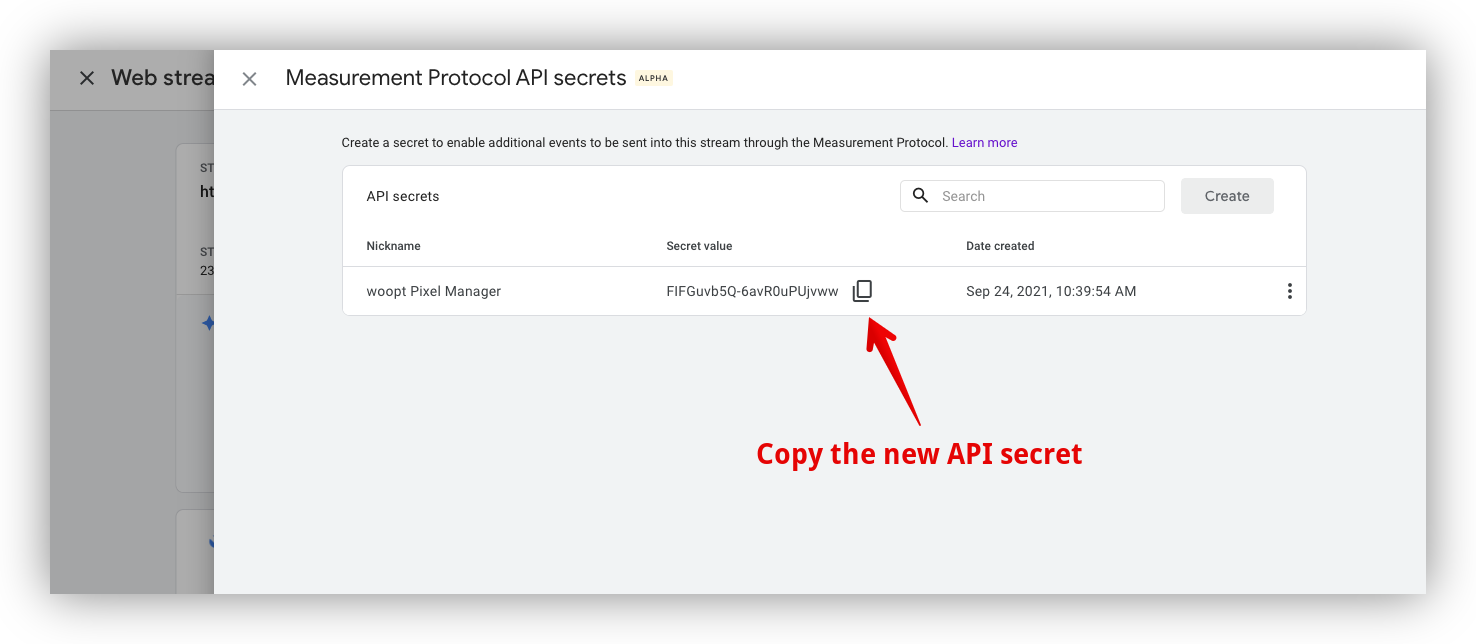 GA4 settings copy the API secret