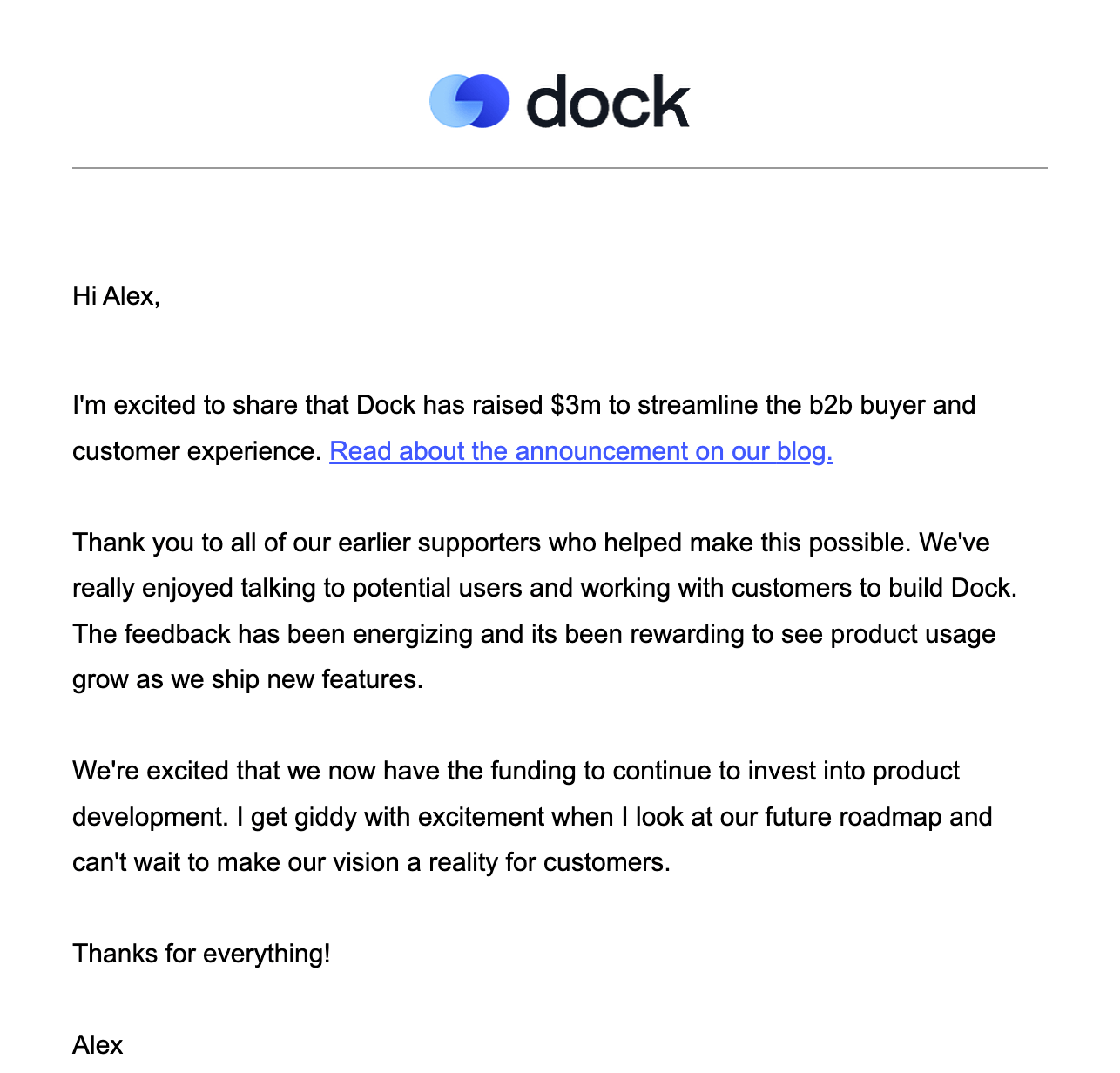 Funding Round Announcement Emails: Screenshot of Dock's funding round announcement email
