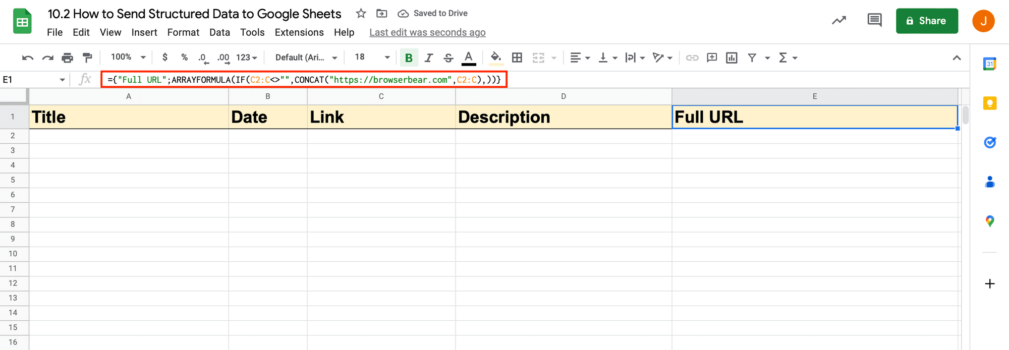 Screenshot of Google Sheets spreadsheet with full URL formula outlined