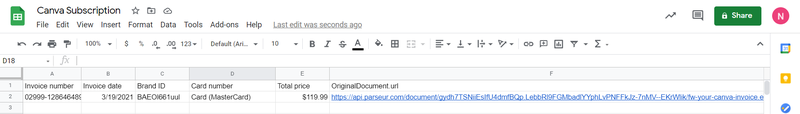 parsed data exported to Google Sheets successful